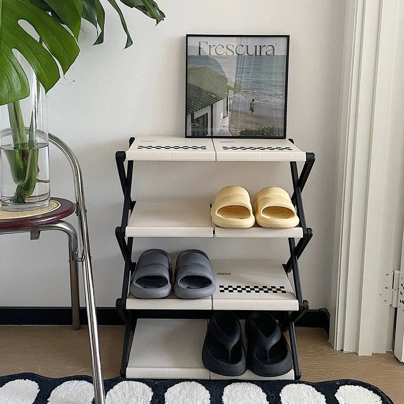 簡単組み立て モノクロ チェック柄 シューズラック kocol