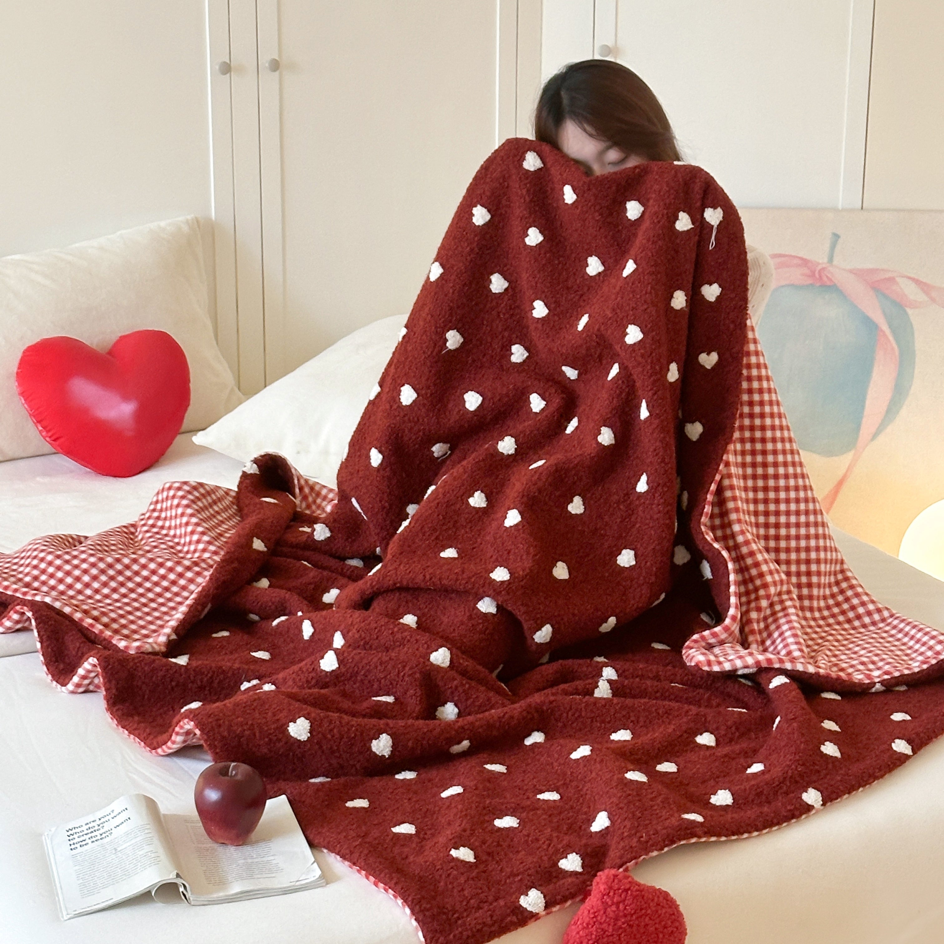 Heart & Check Reversible Boa Blanket