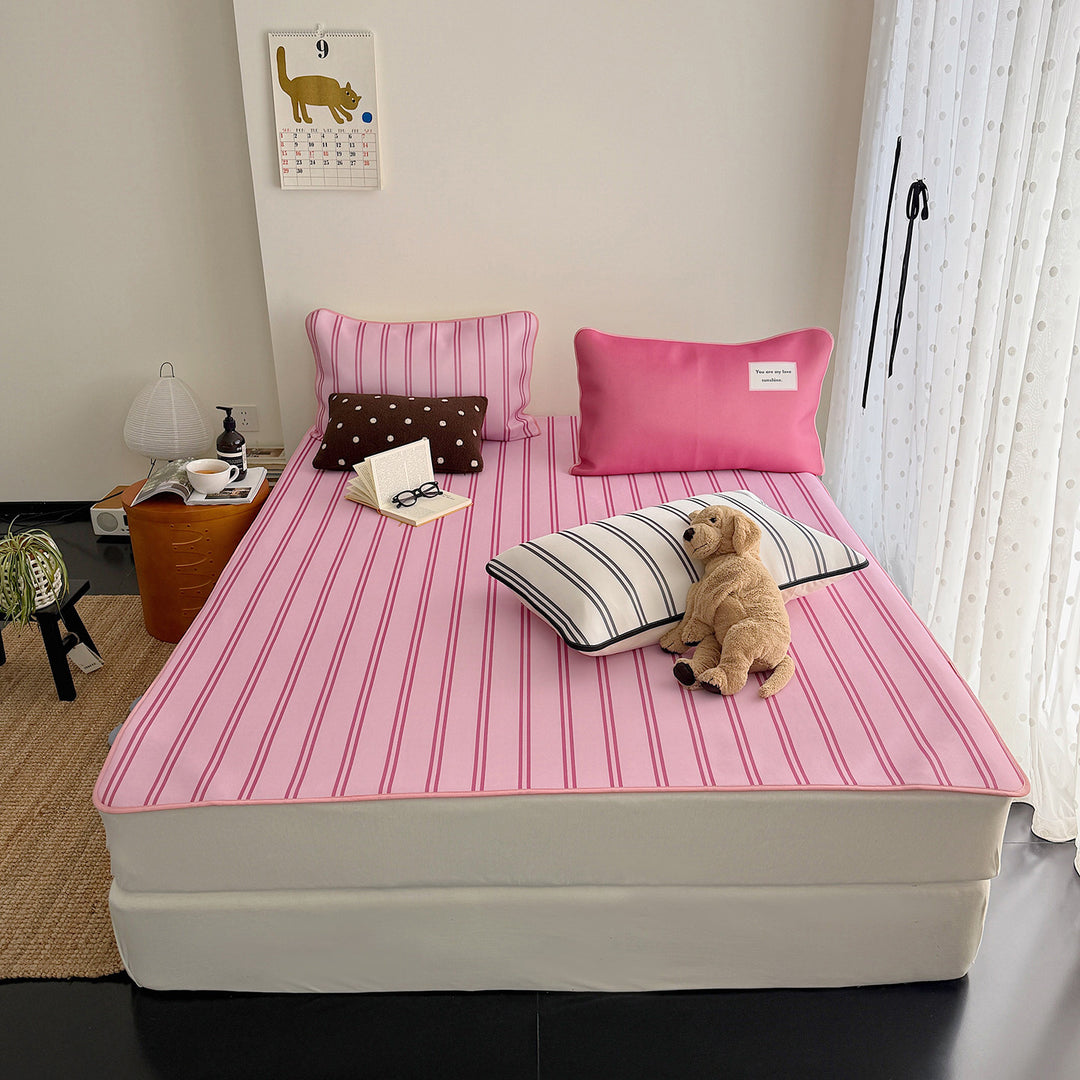 Ice Silk Double Line Stripe Mat Set - Pink