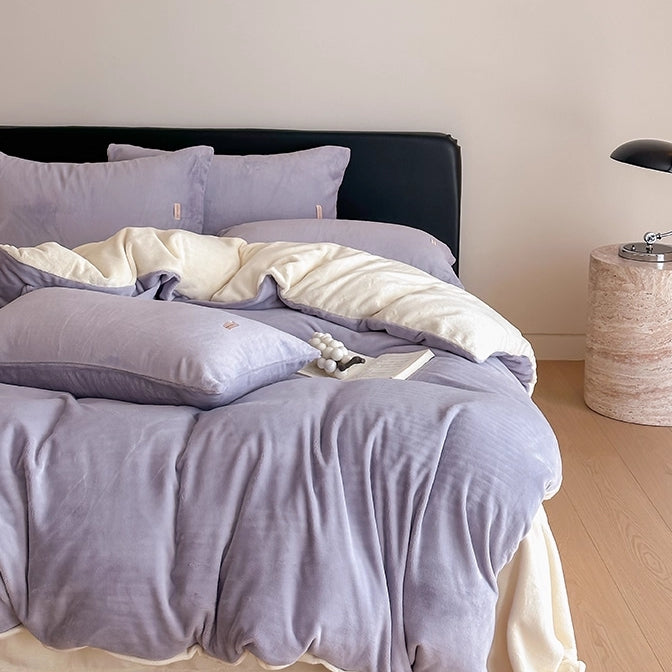 Double Milk Fleece Bedding Set, Purple Cream