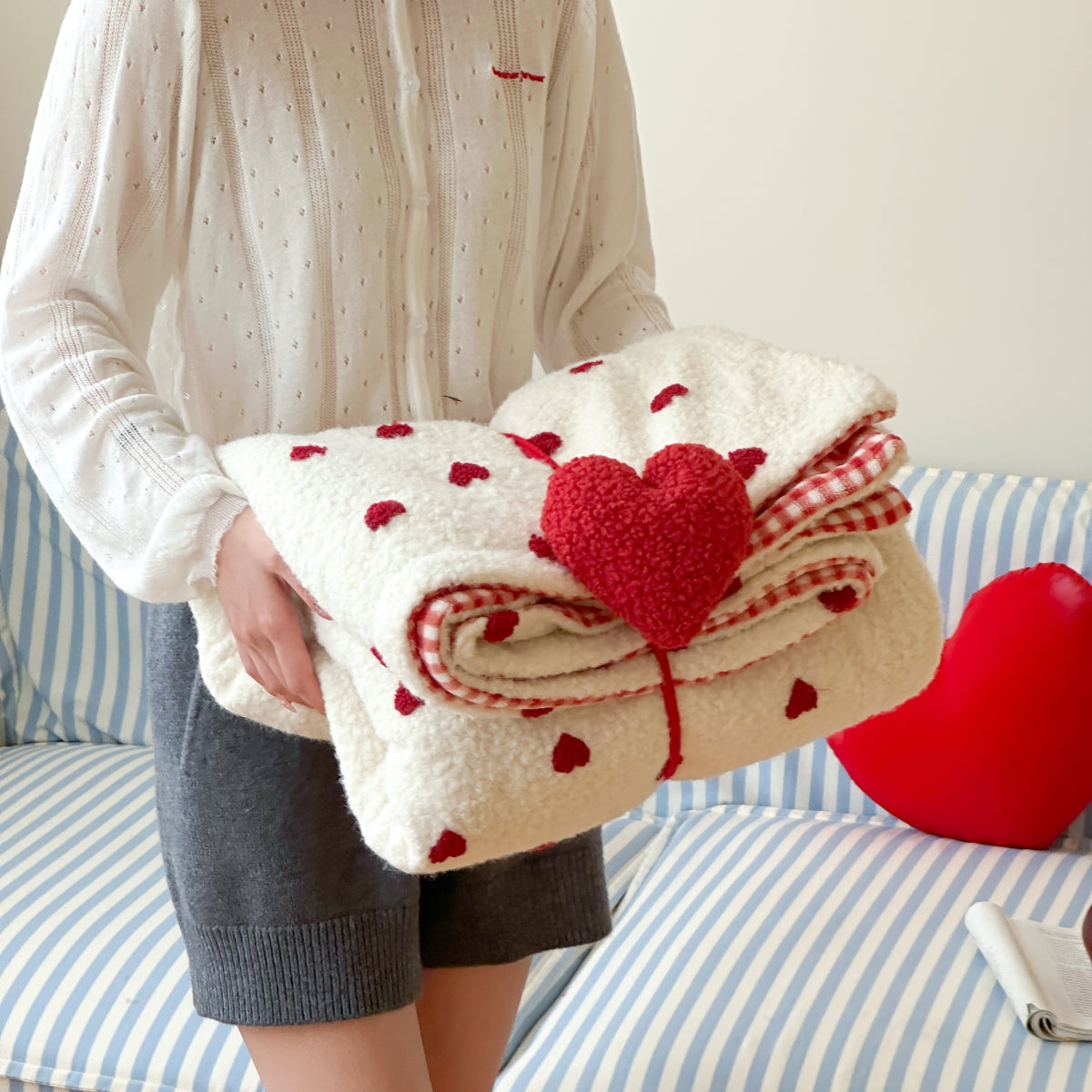 Heart & Check Reversible Boa Blanket