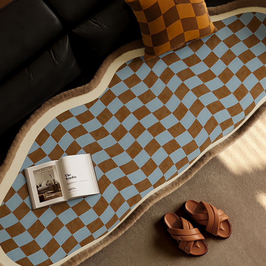 ウェーブブロックチェックシートクッション　ベージュ