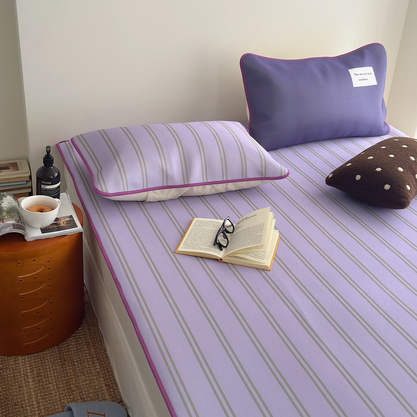 Ice Silk Double Line Stripe Mat Set Grape Purple