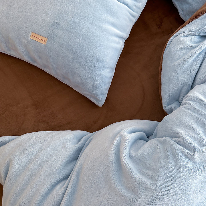 Double Milk Fleece Bedding Set Blue Brown
