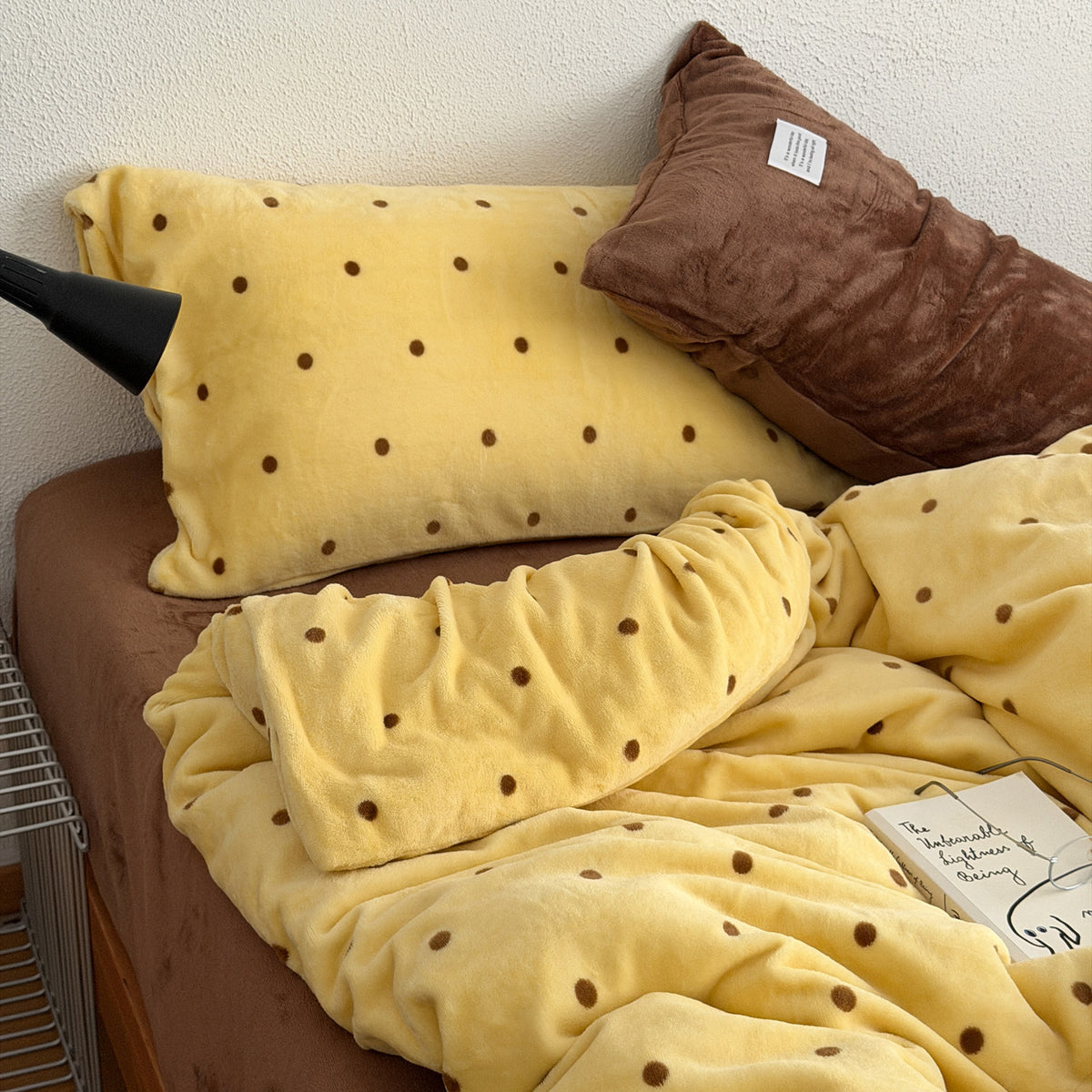 Yellow & Brown Fleece Polka Dot Bedding Set