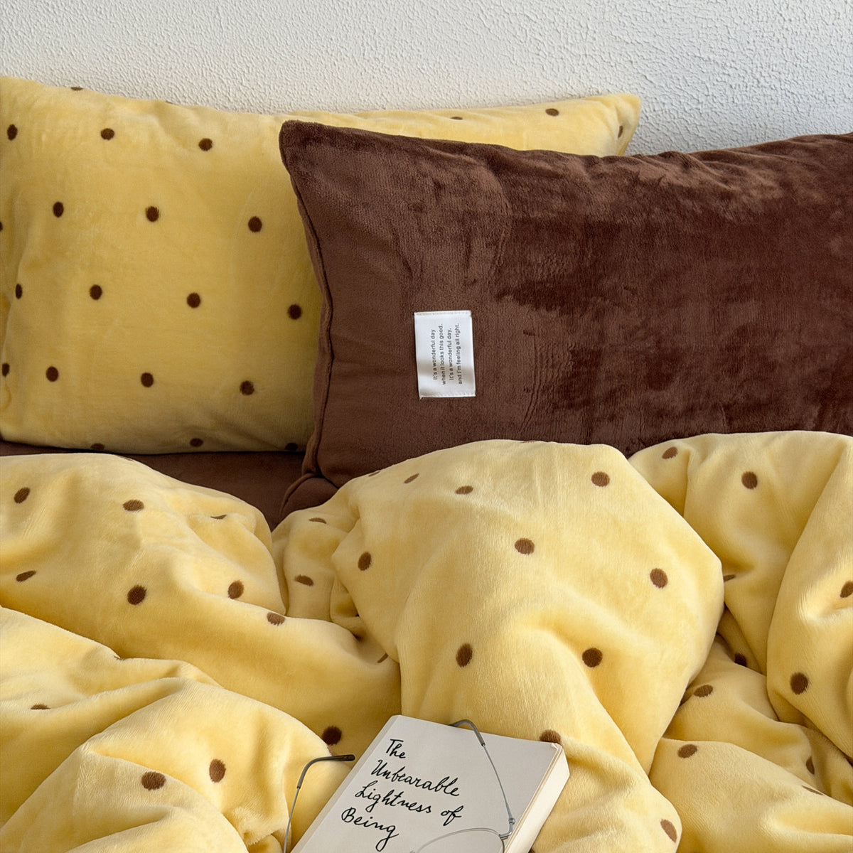 Yellow & Brown Fleece Polka Dot Bedding Set