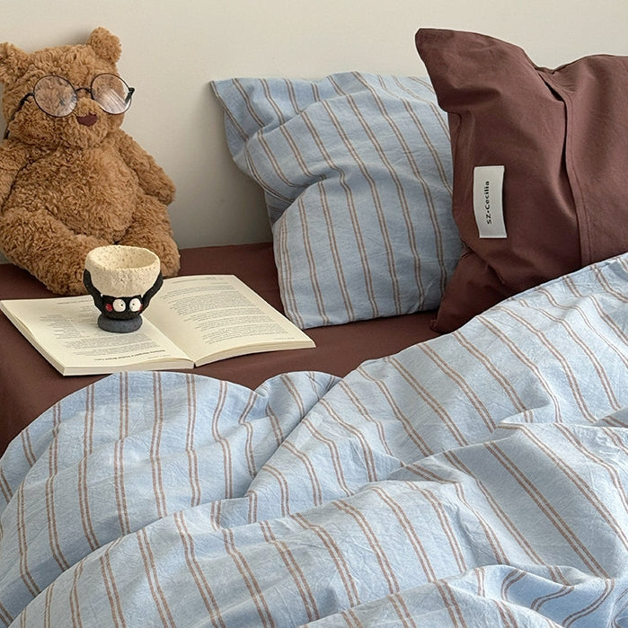 Washed Cotton Pinstripe Bedding Set, Blue