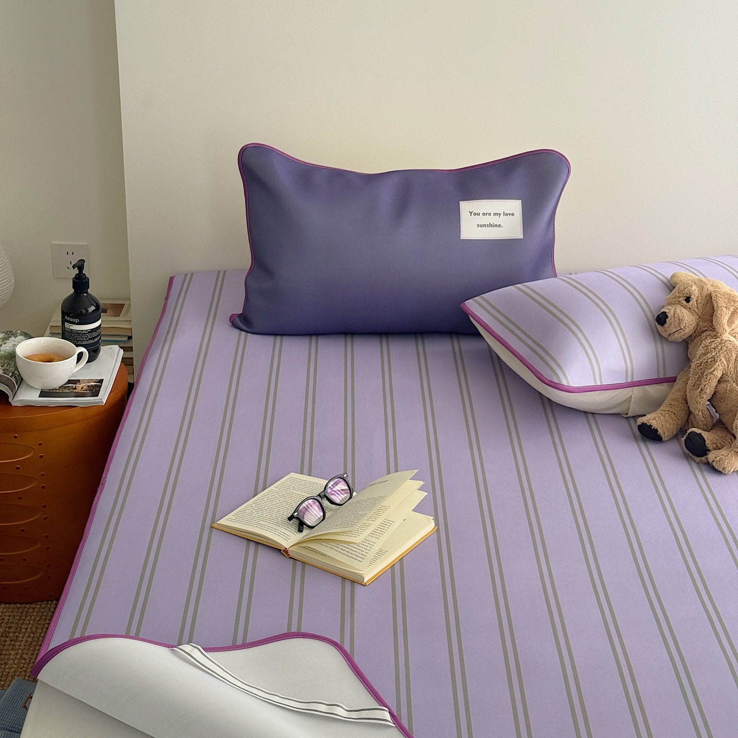 Ice Silk Double Line Stripe Mat Set Grape Purple