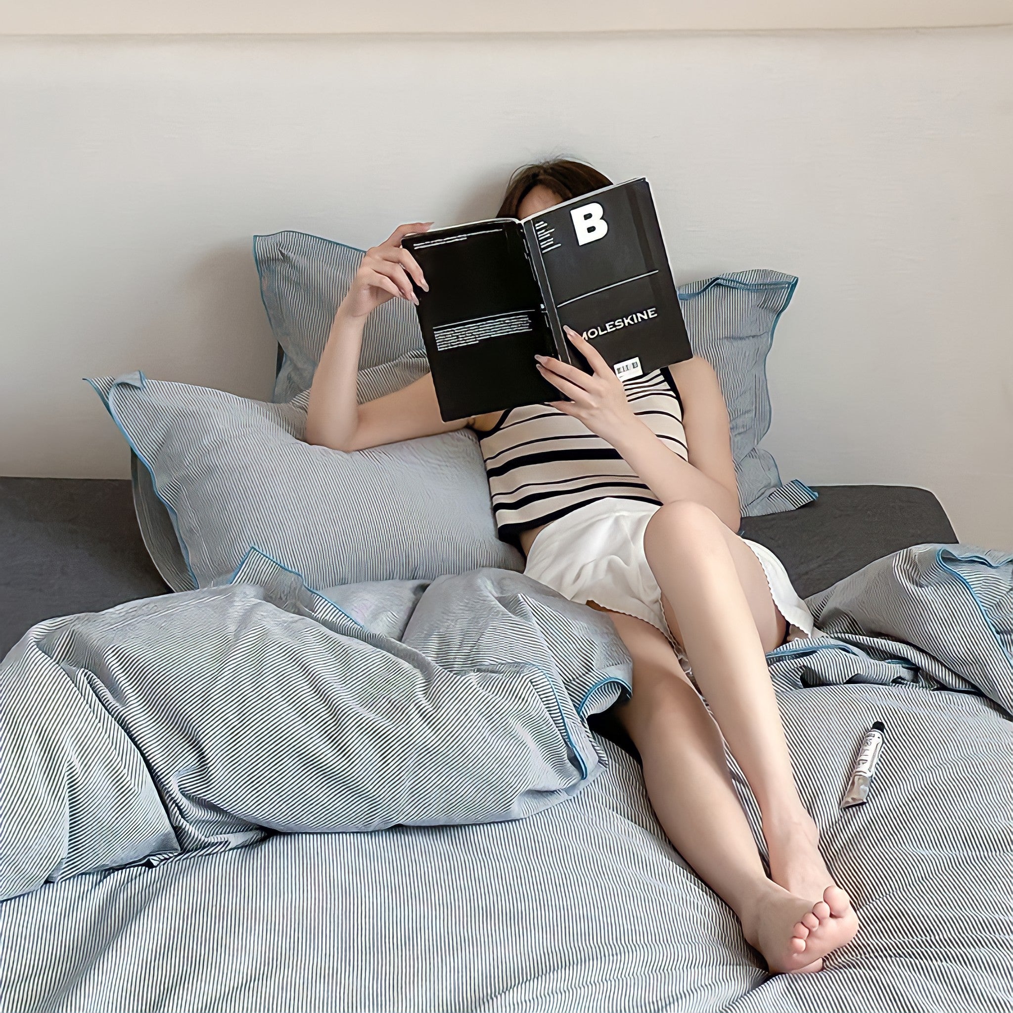 ブルーパイピングコットン寝具セット