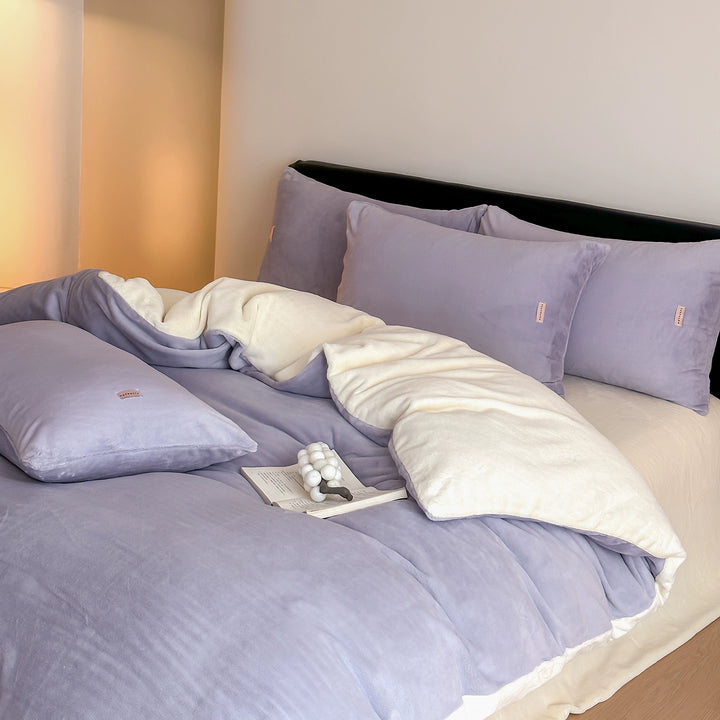 Double Milk Fleece Bedding Set, Purple Cream