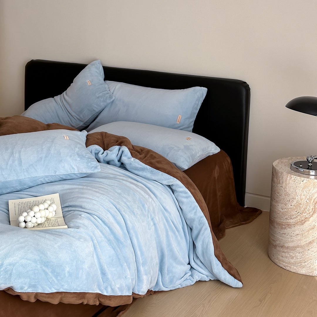 Double Milk Fleece Bedding Set Blue Brown