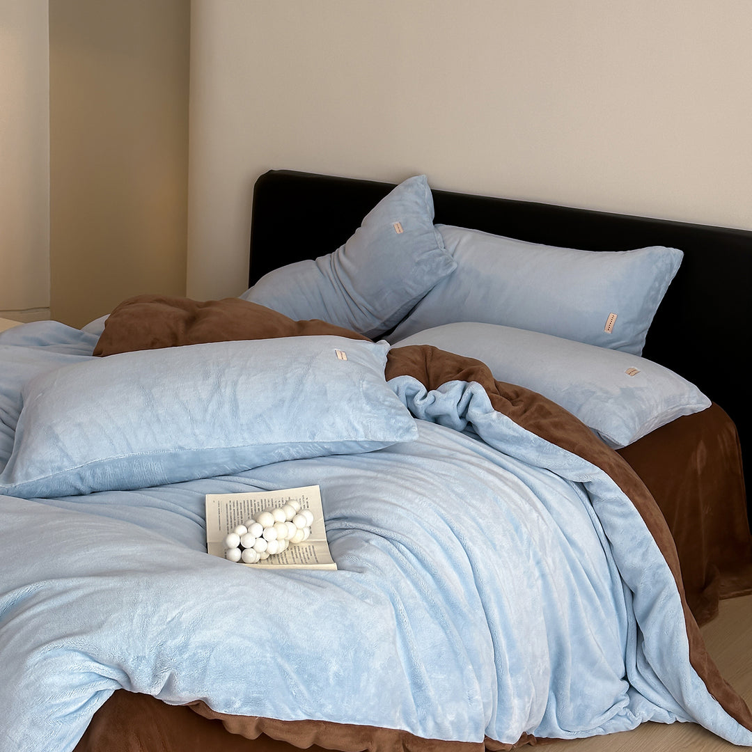 Double Milk Fleece Bedding Set Blue Brown