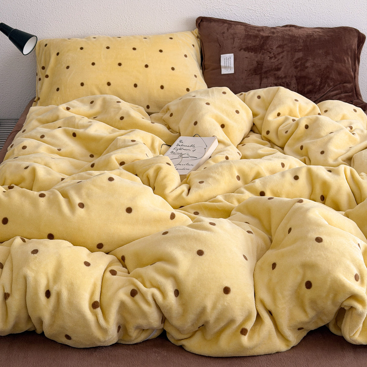 Yellow & Brown Fleece Polka Dot Bedding Set