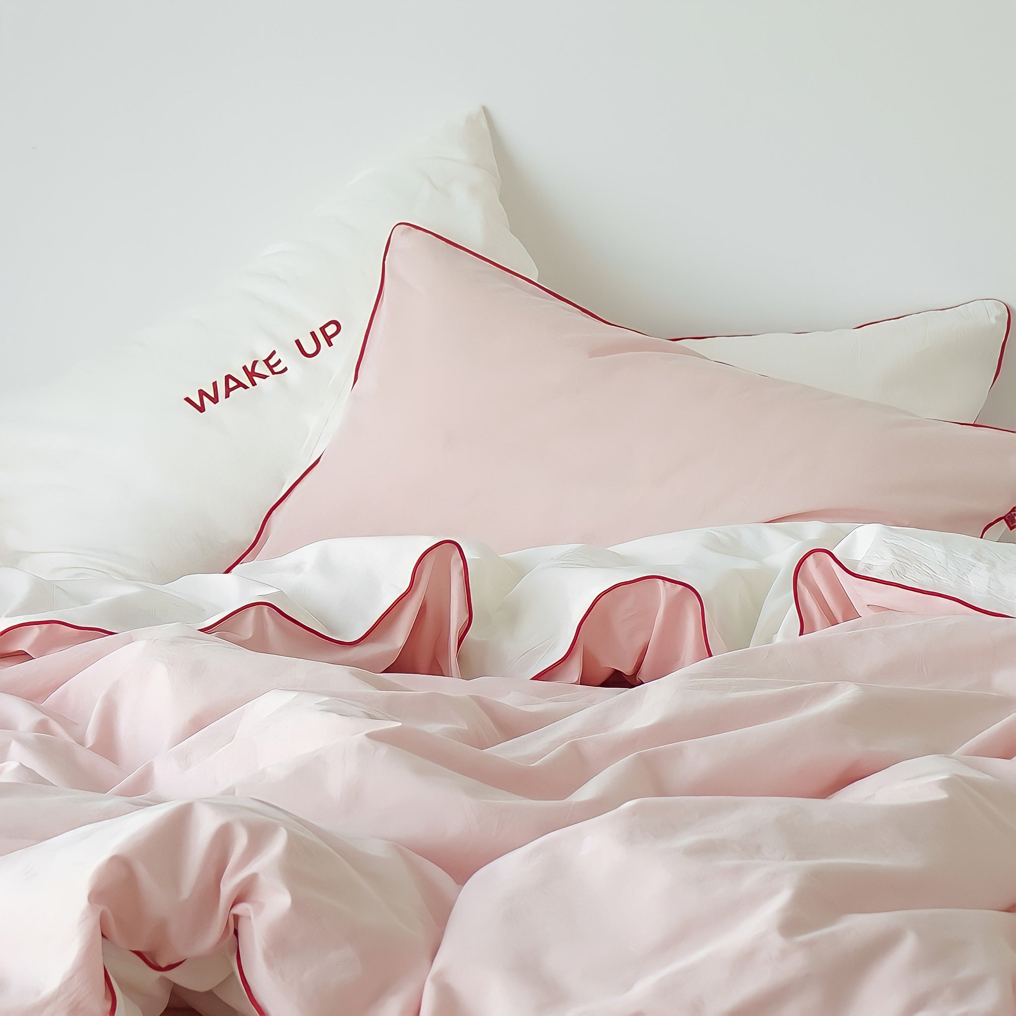 パイピングピンクホワイト寝具セット