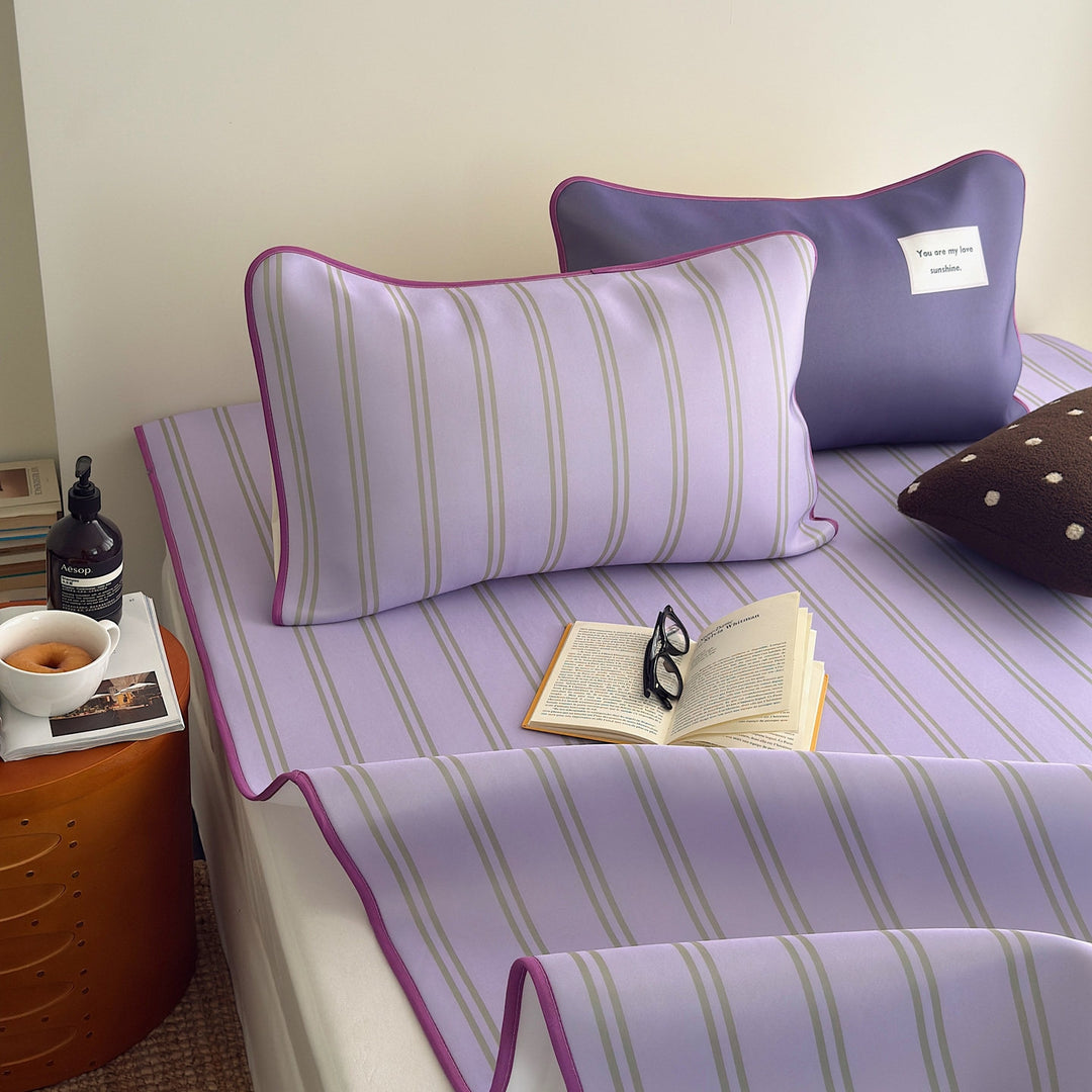Ice Silk Double Line Stripe Mat Set Grape Purple