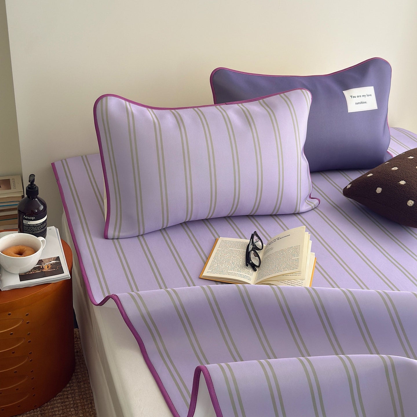 Ice Silk Double Line Stripe Mat Set Grape Purple