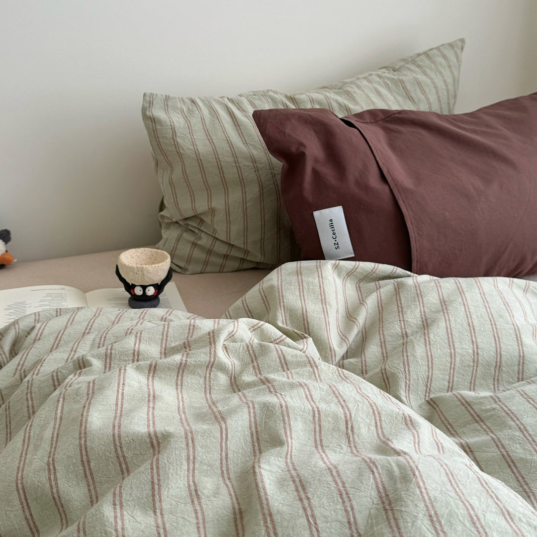 Washed Cotton Pinstripe Bedding Set in Light Green