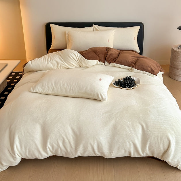 Double-color milk fleece bedding set, cream brown