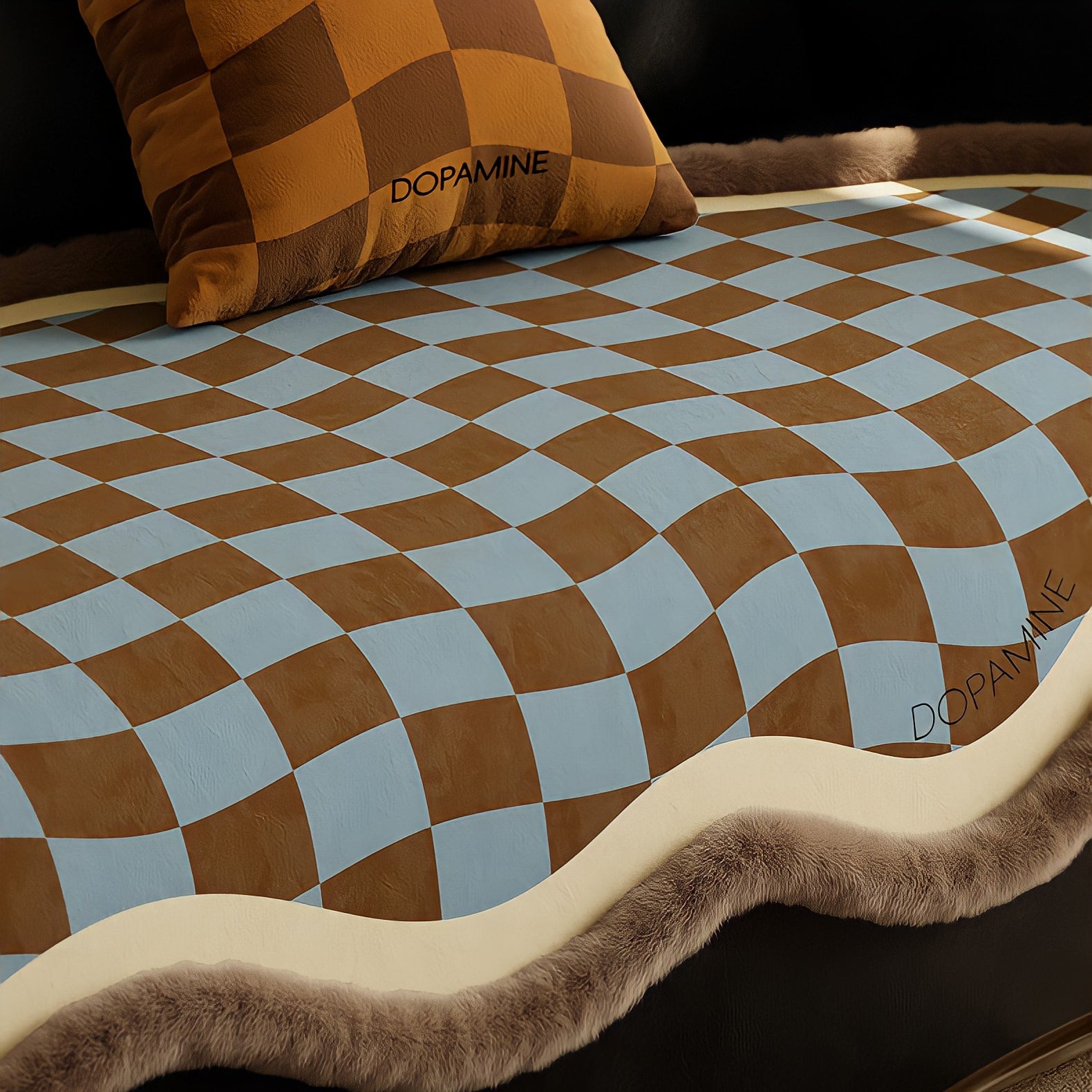 ウェーブブロックチェックシートクッション　ベージュ