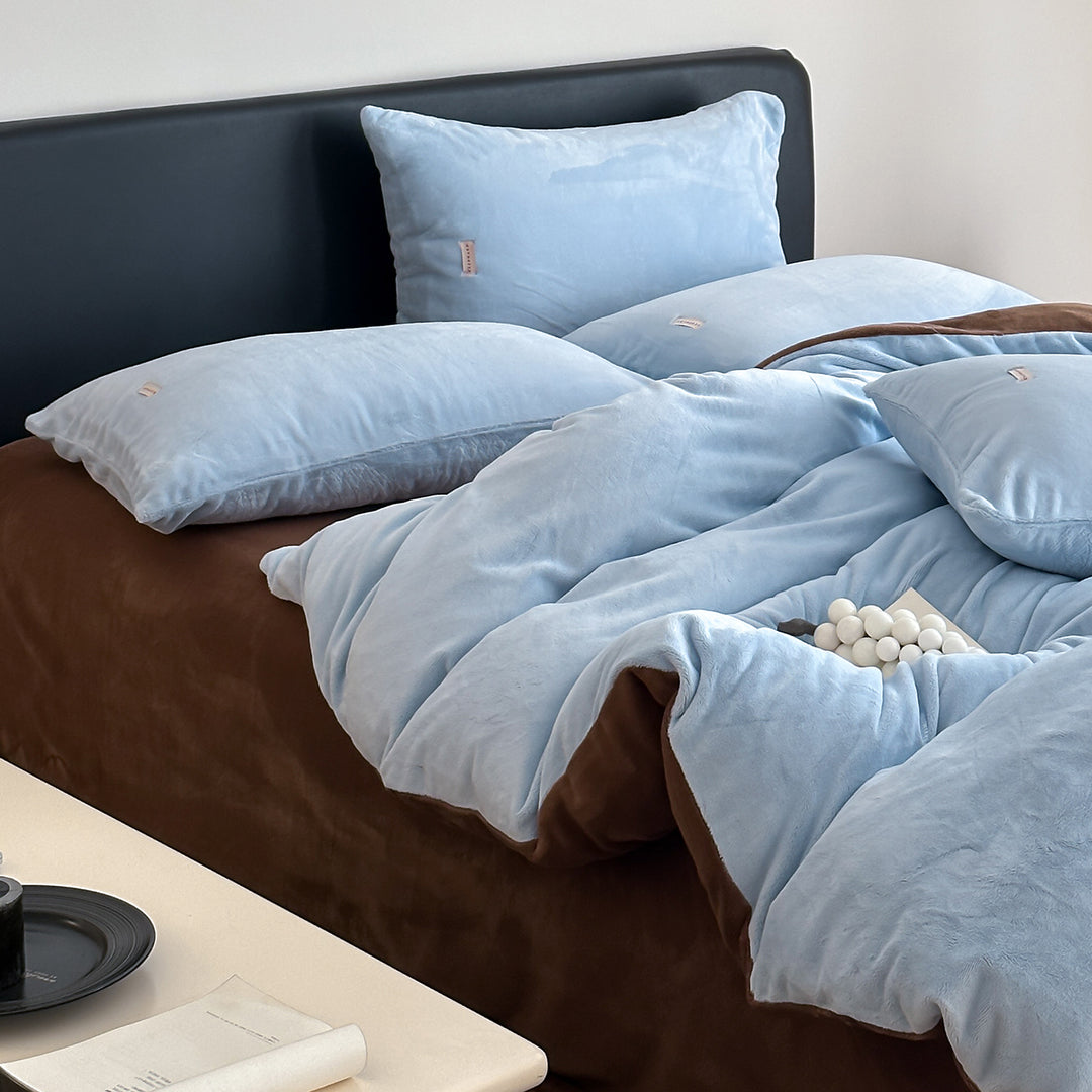 Double Milk Fleece Bedding Set Blue Brown