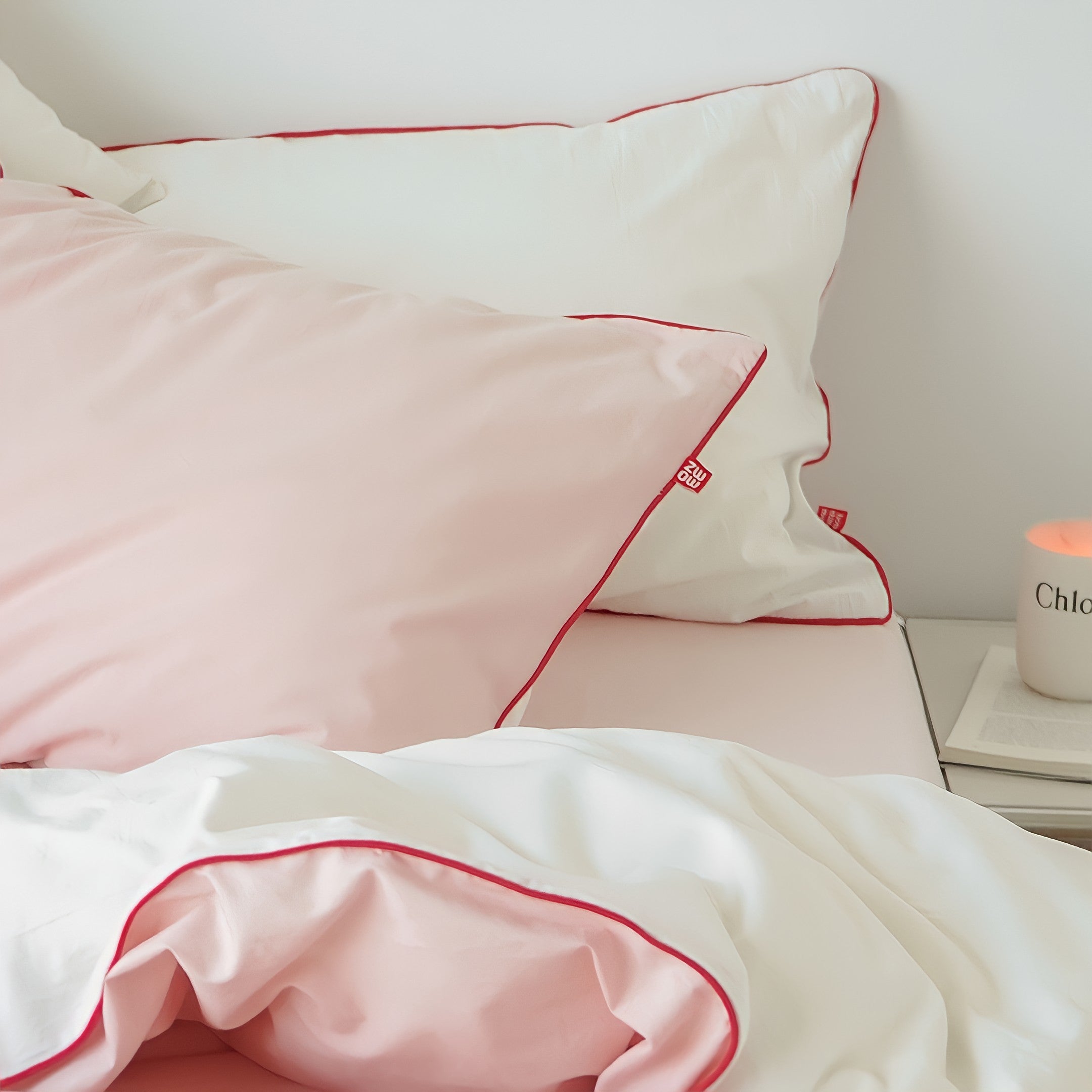 パイピングピンクホワイト寝具セット