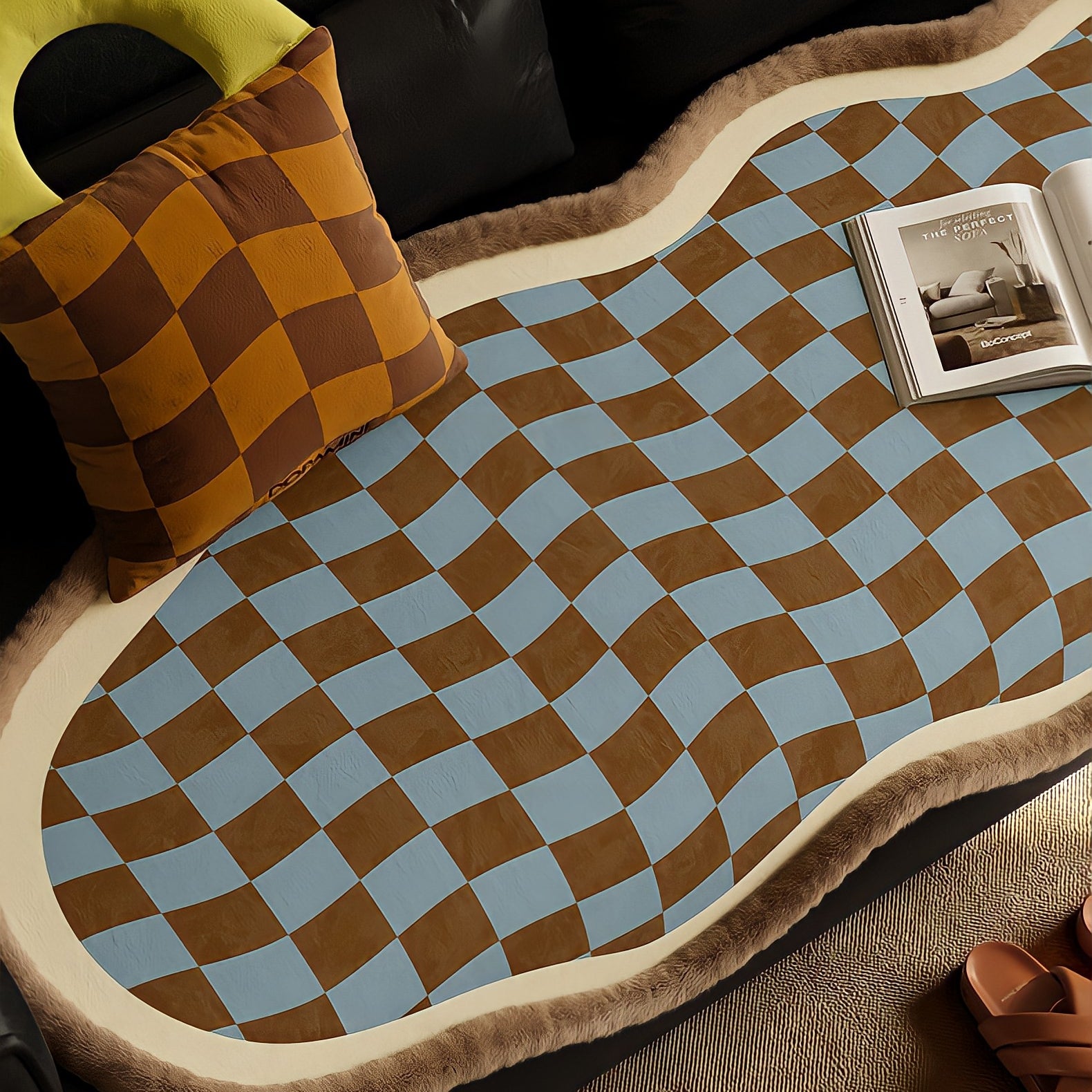 ウェーブブロックチェックシートクッション　ベージュ