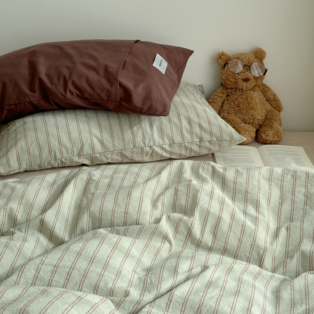 Washed Cotton Pinstripe Bedding Set in Light Green
