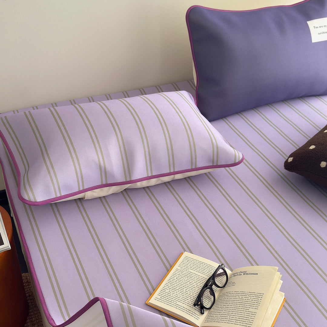 Ice Silk Double Line Stripe Mat Set Grape Purple