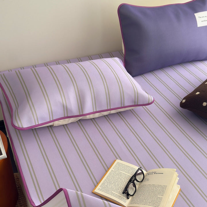 Ice Silk Double Line Stripe Mat Set Grape Purple