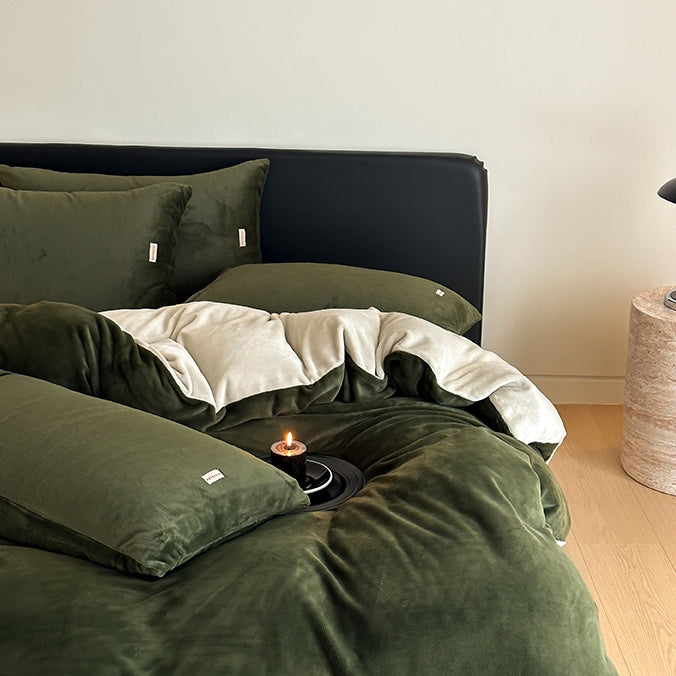 Wカラーミルクフリース寝具セット ダークグリーン