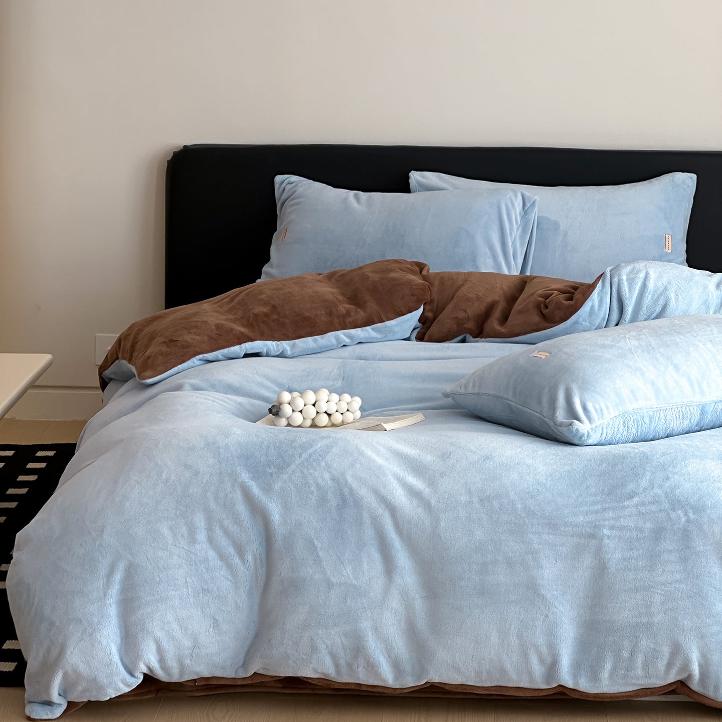 Double Milk Fleece Bedding Set Blue Brown