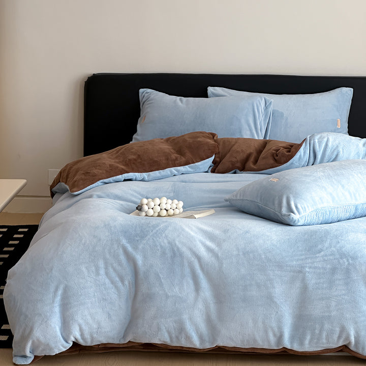 Double Milk Fleece Bedding Set Blue Brown