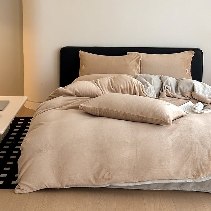 Double-Color Milk Fleece Bedding Set (Mocha Coffee)