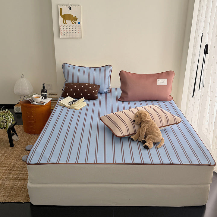 Ice Silk Double Line Stripe Mat Set Blue