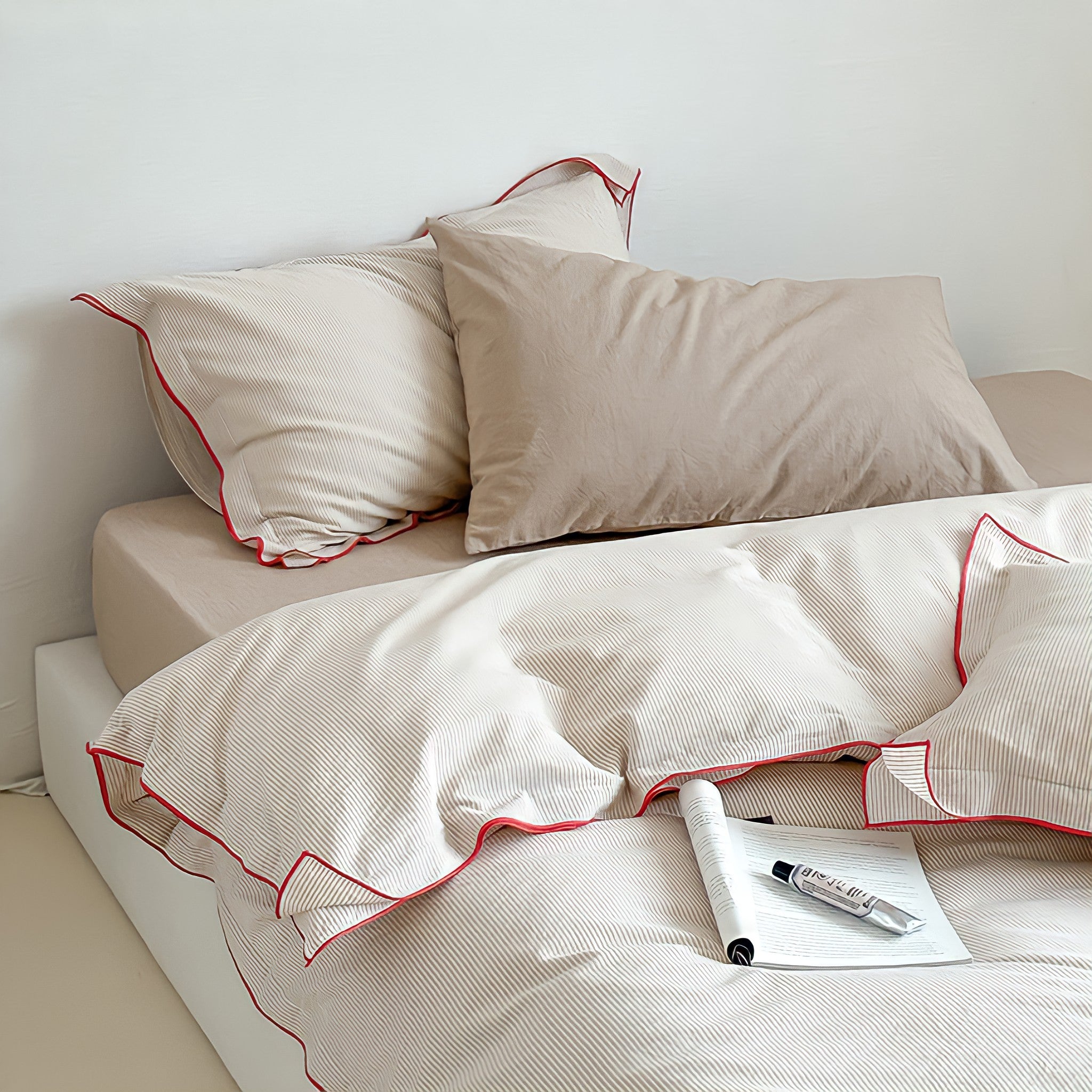 ベージュパイピングコットン寝具セット