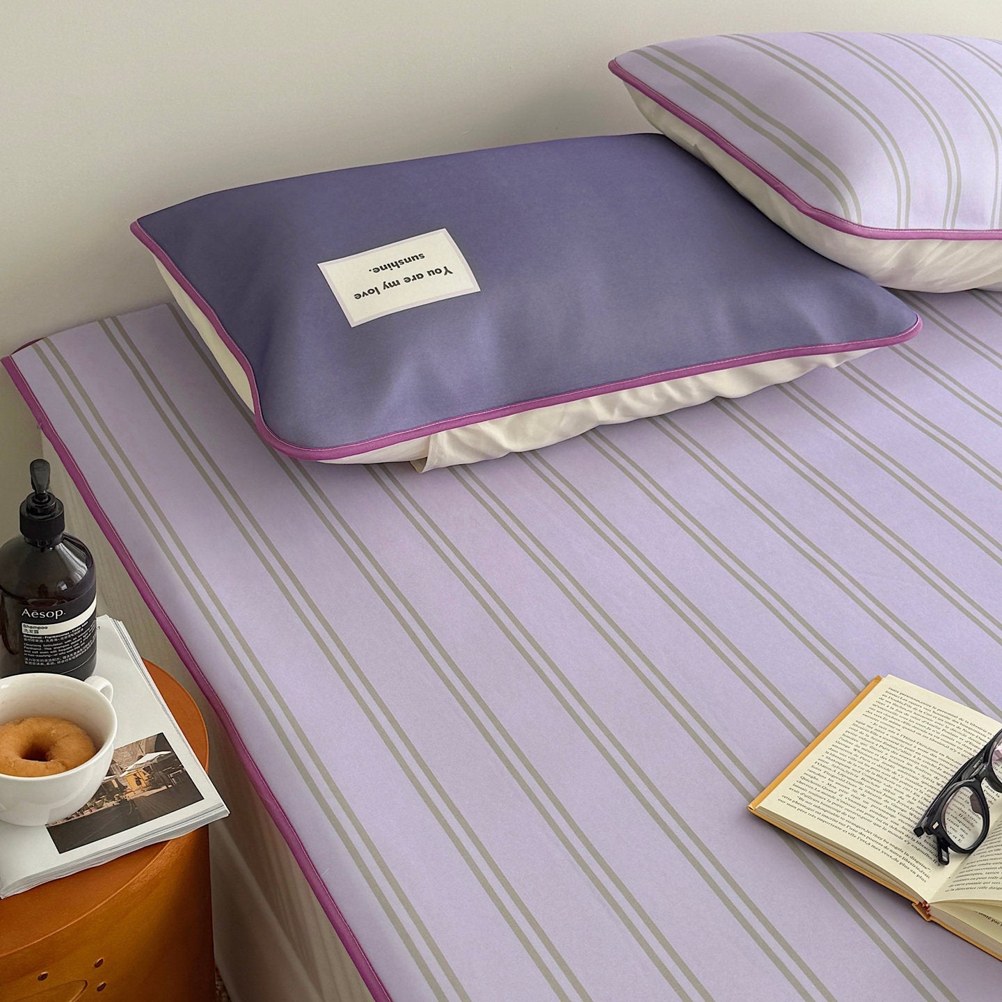 Ice Silk Double Line Stripe Mat Set Grape Purple