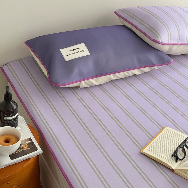 Ice Silk Double Line Stripe Mat Set Grape Purple