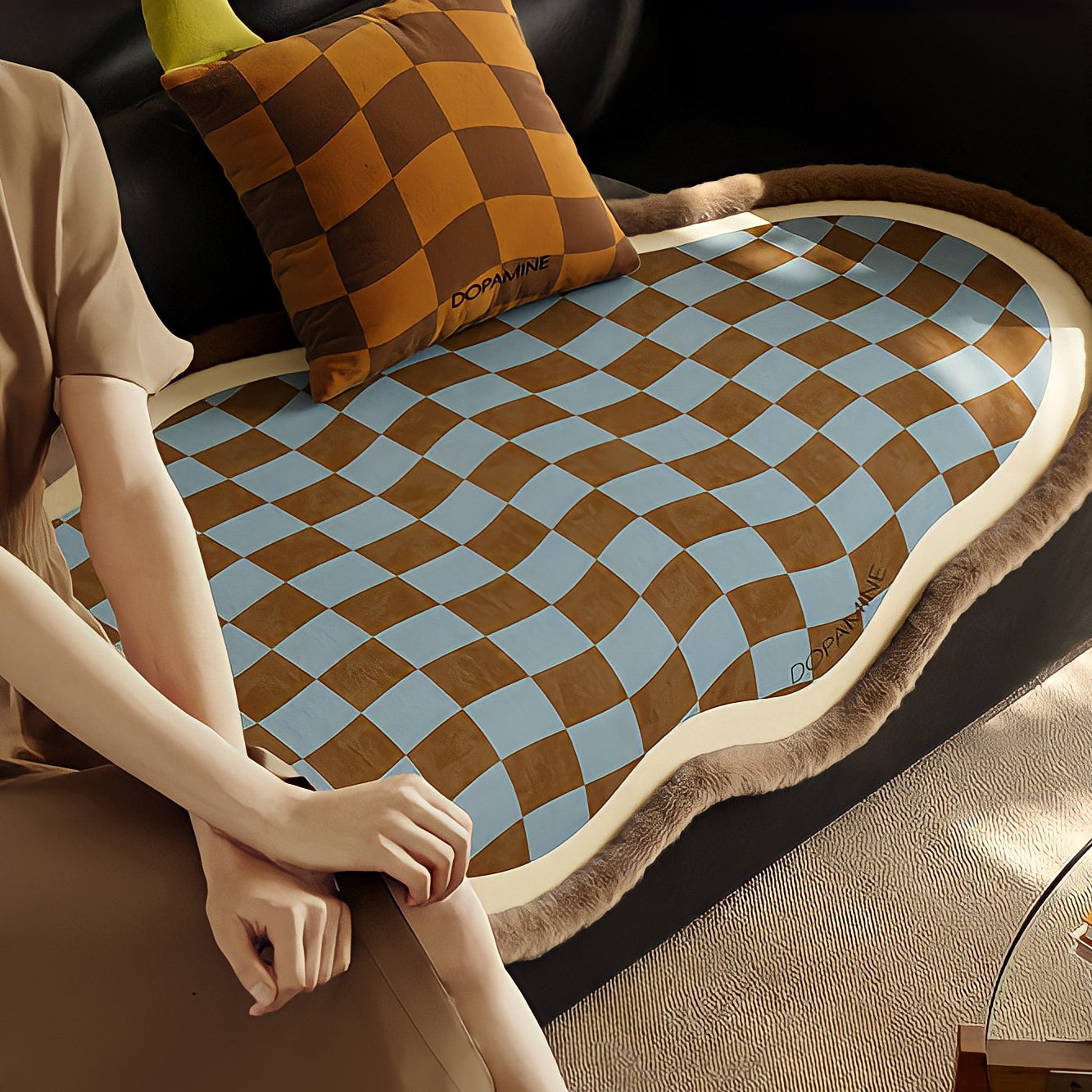 ウェーブブロックチェックシートクッション　ベージュ