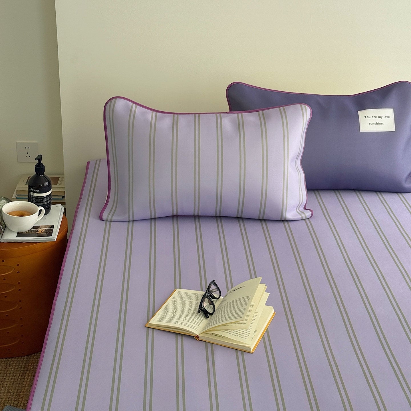 Ice Silk Double Line Stripe Mat Set Grape Purple