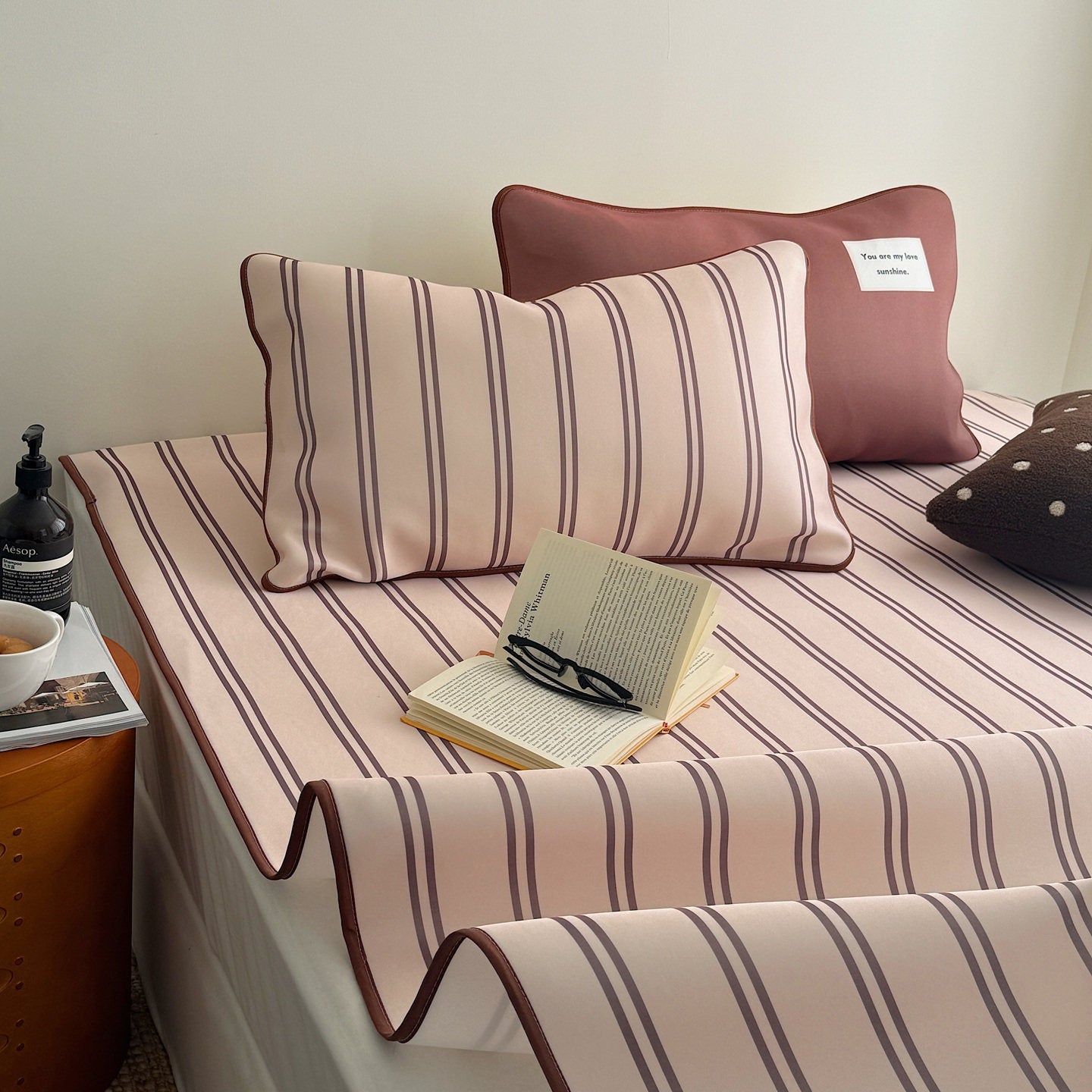 Ice Silk Double Line Stripe Mat Set - Milk Tea
