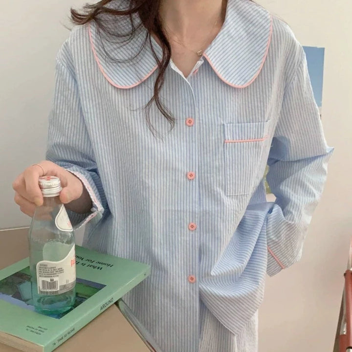 丸襟 ストライプ長袖パジャマ / Round collar stripe Long sleeve pajamas - kocol