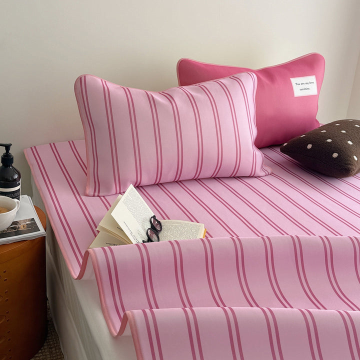 Ice Silk Double Line Stripe Mat Set - Pink