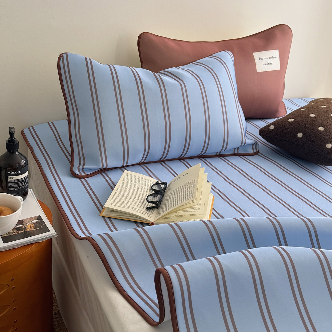Ice Silk Double Line Stripe Mat Set Blue