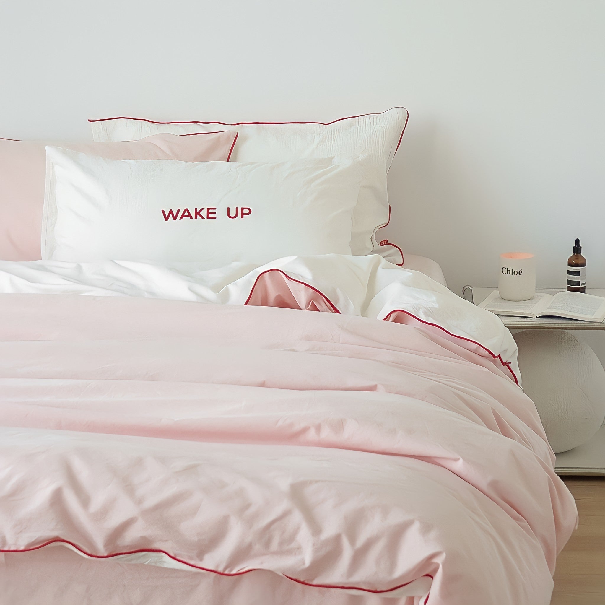 パイピングピンクホワイト寝具セット