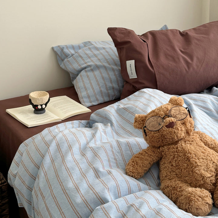 Washed Cotton Pinstripe Bedding Set, Blue