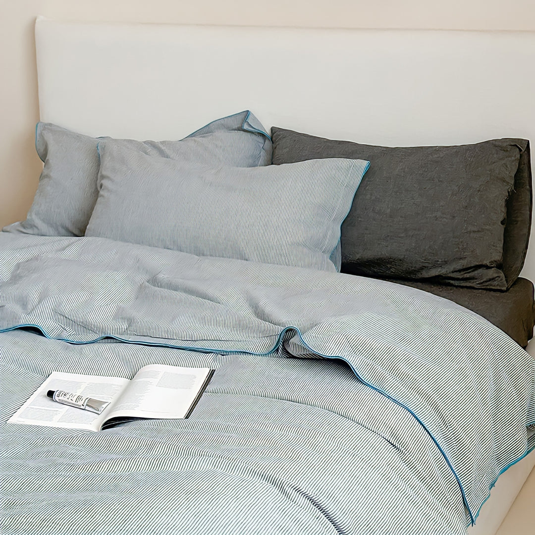 Blue Piping Cotton Bedding Set