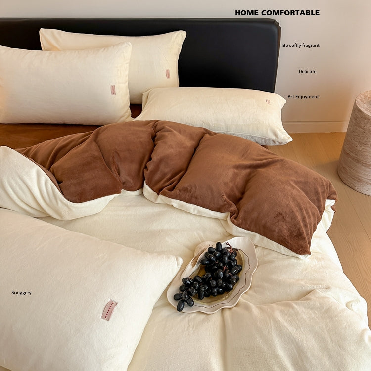 Double-color milk fleece bedding set, cream brown