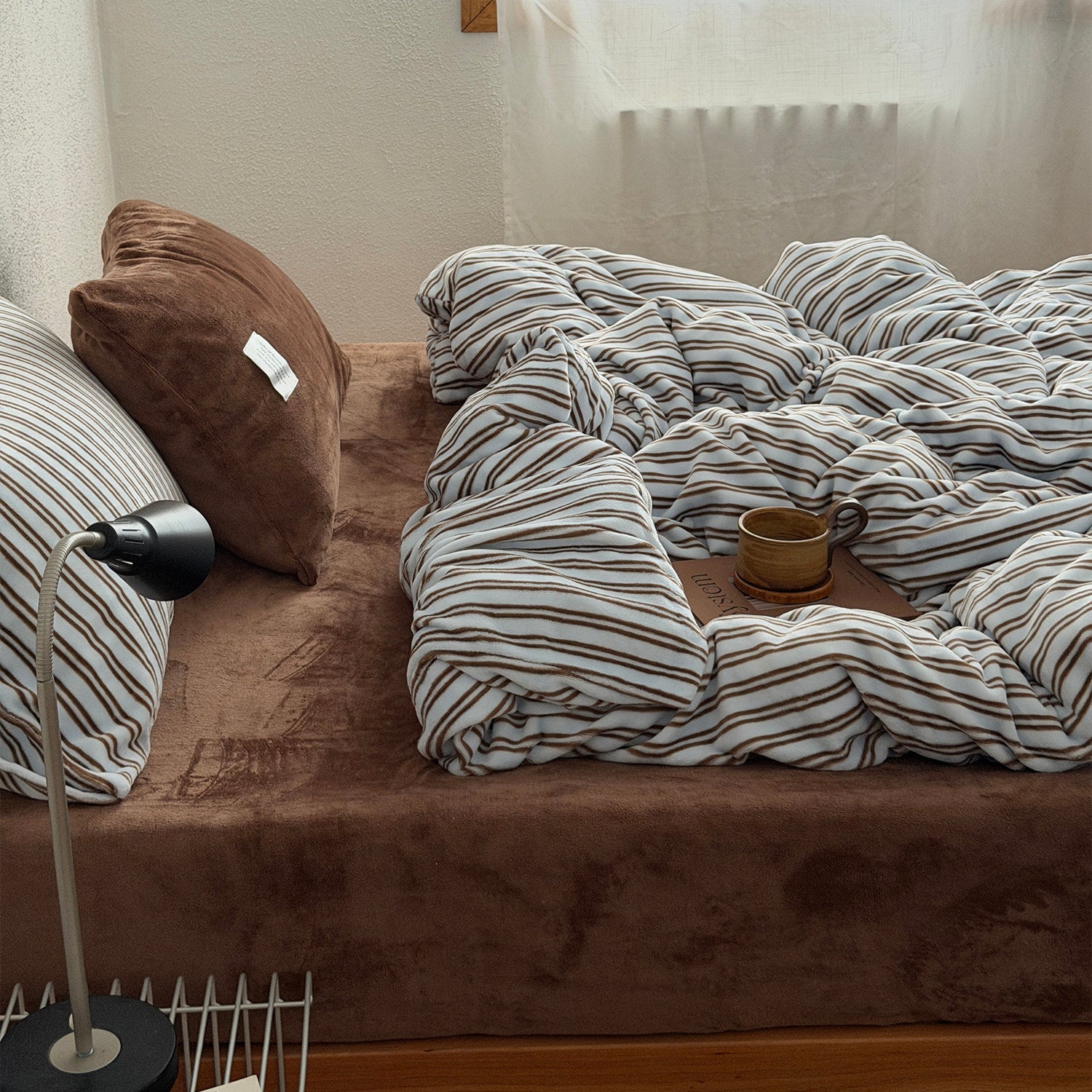 Blue & Brown Fleece Stripe Bedding Set