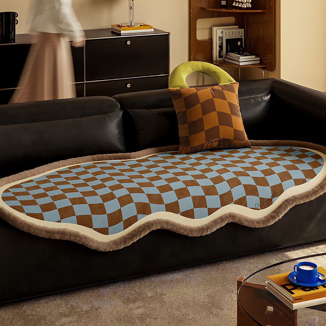 ウェーブブロックチェックシートクッション　ベージュ