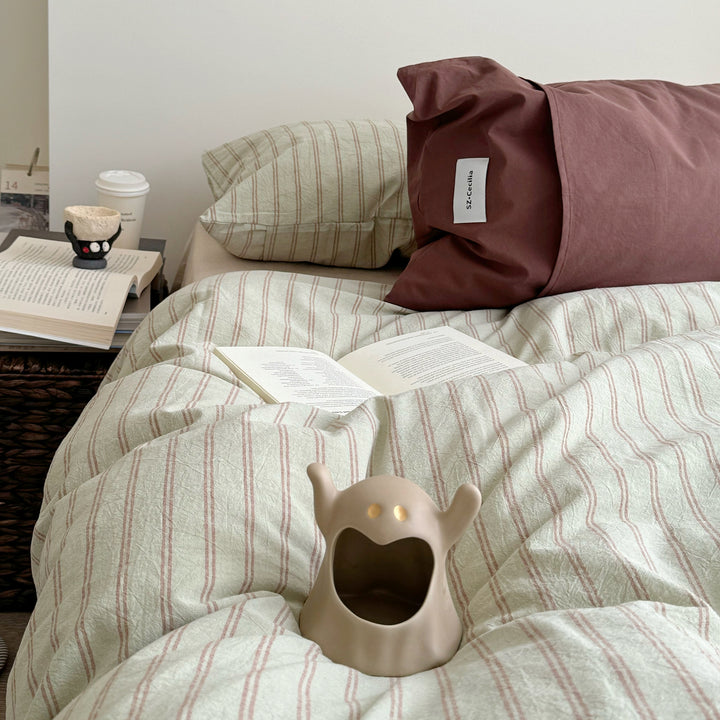 Washed Cotton Pinstripe Bedding Set in Light Green